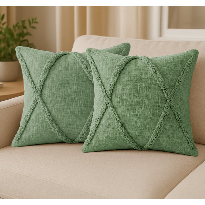  Square_Ox Bay Hand Woven Diamond Cotton Pillow, 20" H x 20" W, Forest Green, Polyester