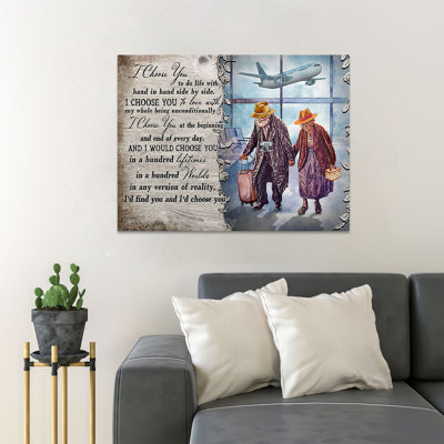 Un vieux couple dans la salle d'attente d'un aéroport - «I chois you to do life with main dans la main côte à côte», reproduction d'art graphique sur toile tendue