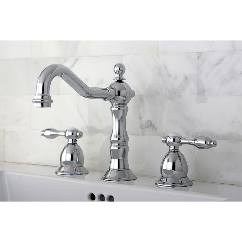 Kingston Brass Tudor Two-Handle 3-Hole Deck Mount Widespread Bathroom Faucet with Brass Pop-Up Drain, Polished Chrome