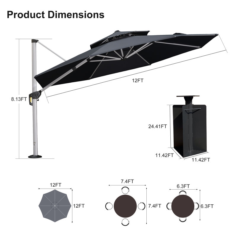 Parasol en porte-à-faux 144 po Sharayne, Gris