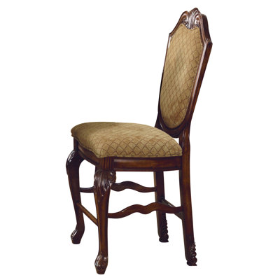 Classic Elegance Counter Height Chairs   Of 2  - Beige Fabric, Cherry Finish, Arched Traditional Seating  2 Units  Upholstery, Wood Legs, Feature