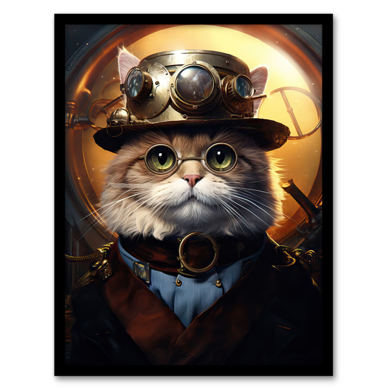 Cat In The Hat Steampunk Moggie Cute Fun Artwork - Single Picture Frame Print