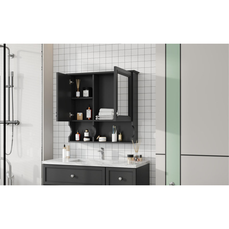Armoire à pharmacie à miroir avec tablettes ouvertes, rangement mural avec portes et miroir, tablette réglable, armoire de rangement pour salle de bain au-dessus de la toilette