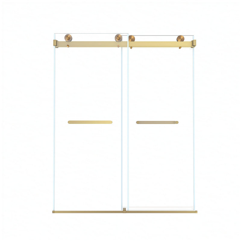 Frameless Double Sliding Shower Door 56-60 "W x 74" H, 5/16 "(8mm) Tempered Glass, Explosion Proof Film, Stainless Steel Handle, Square Tube Track, Brushed Gold