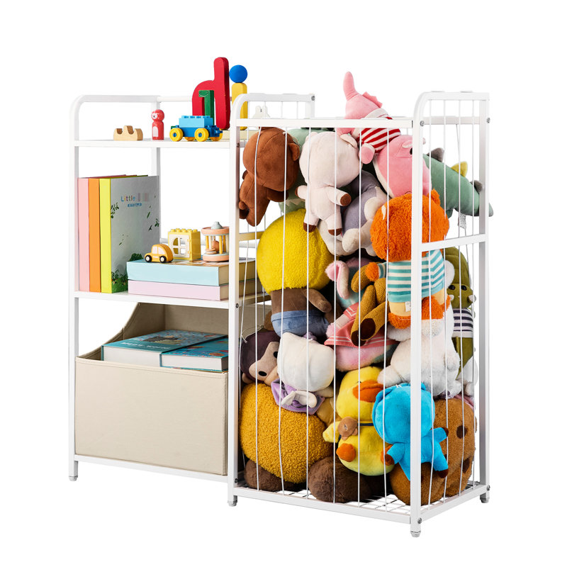 Bibliothèque et rangement pour animaux en peluche, à 2 niveaux, blanc, matériaux de qualité, ensemble de pointes pour rangement sécuritaire, niveau avec coffre en tissu, conception stable et sécurisée