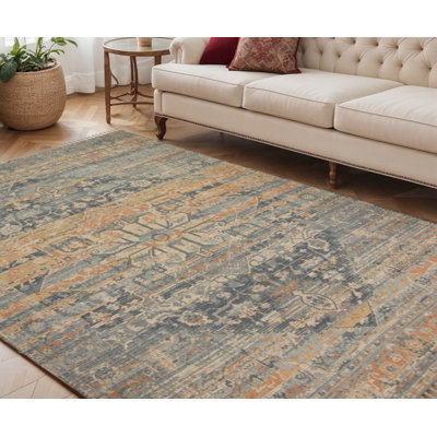 Tapis oriental beige et gris tissé à la main 5 pi x 7 pi avec frange