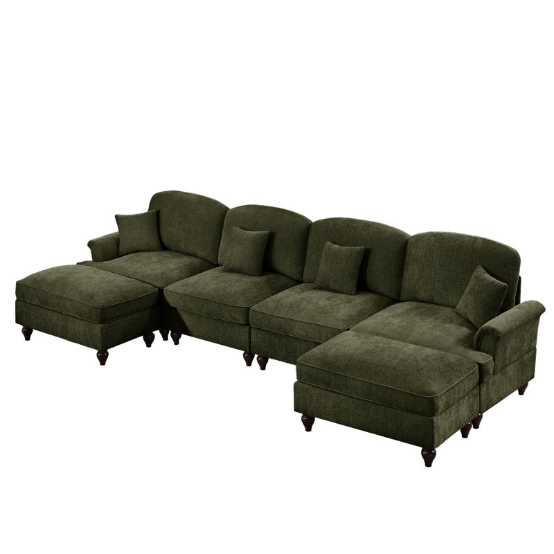 Canapé modulaire classique à trois places en forme de L avec accoudoirs évasés et jupes à plis à volants amovibles, canapé en chenille confortable avec repose-pieds mobile