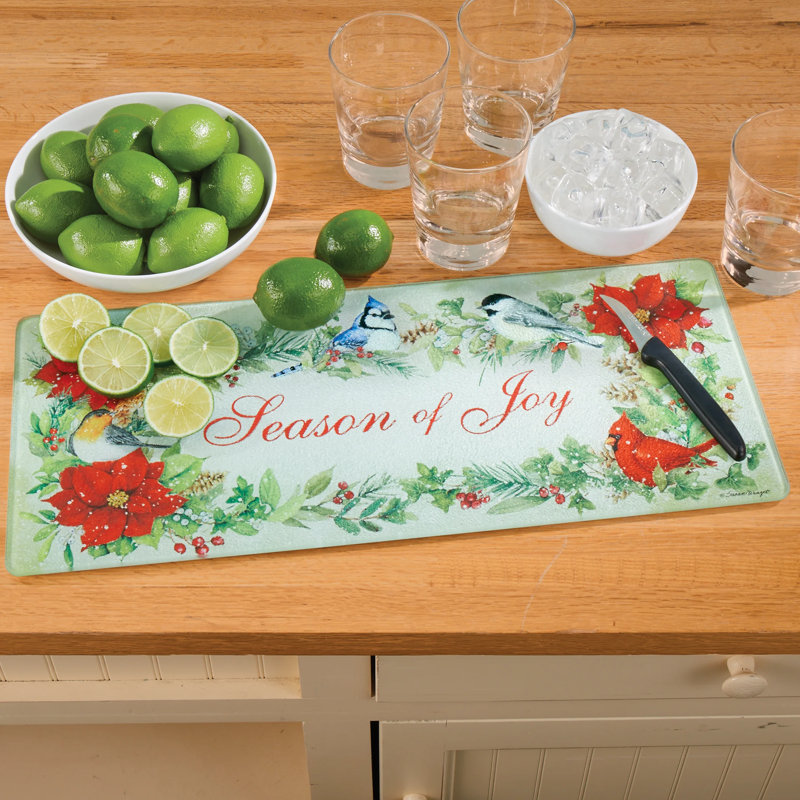 Season of Joy Poinsettia Birds Glass Cutting Board