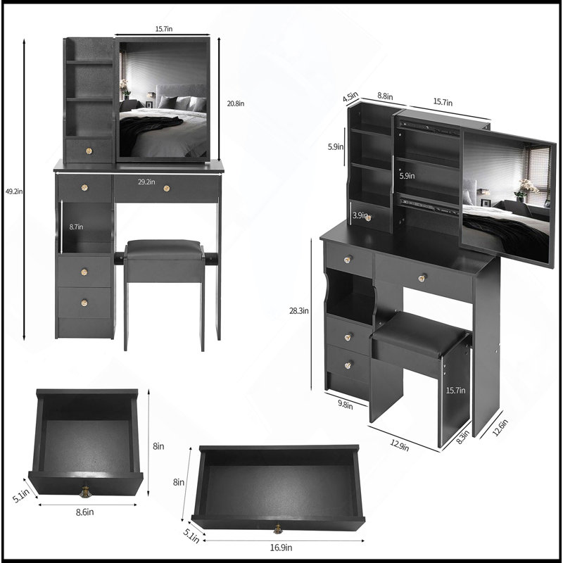29.2" Small Space Left Drawer Desktop Vanity Table + Cushioned Stool, Extra Large Right Sliding Mirror, Multi Layer High Capacity Storage, Practical Fashionable Dresser, Suitable For Small Space