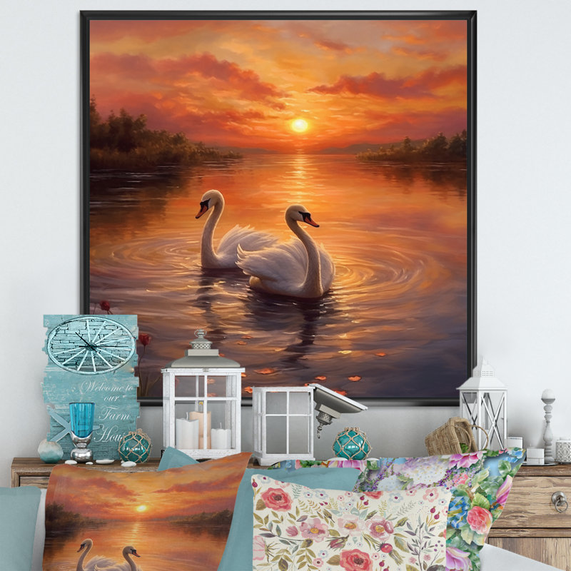 Coucher de soleil romantique avec deux cygnes blancs, Cadre flottant noir, H 36 po x l 36 po x P 1,5 po