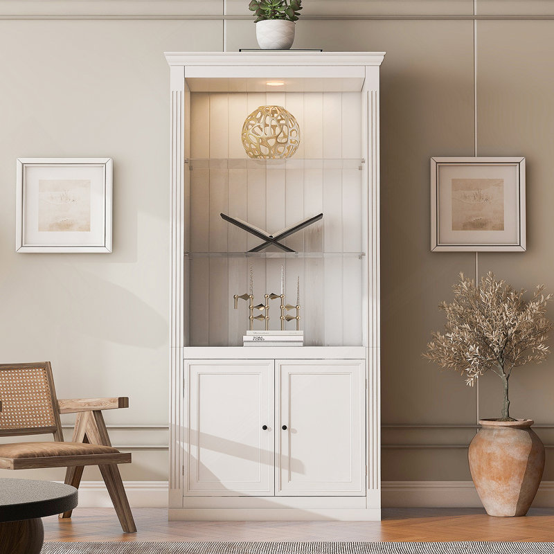 Grandes tablettes de 78,75 po avec plafonnier réglable à DEL 5 couleurs, bibliothèques de style rétro avec tablettes en verre trempé pour le salon, la maison, le bureau, le studio ou l'espace de travail, blanc