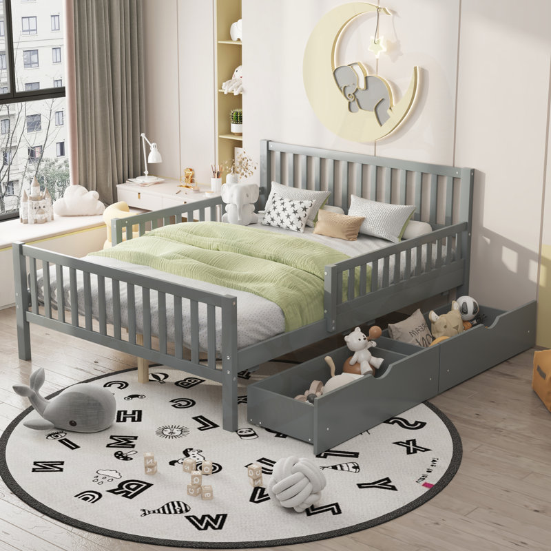 Wood Platform Bed with Guardrails on Both Sides and Two Storage Drawers, Full, Gray