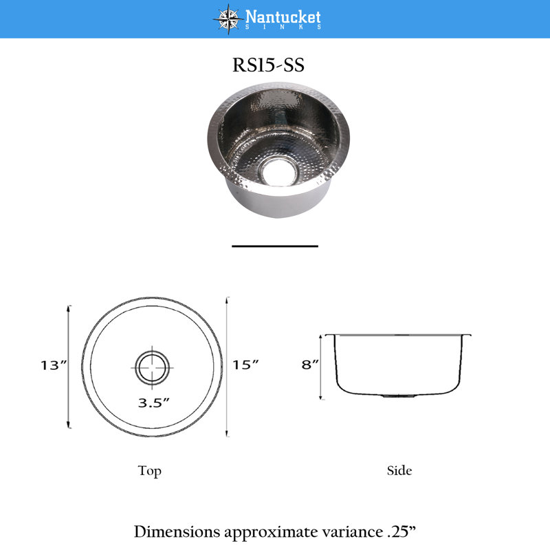 Brightwork 15-Inch Hand Hammered Round Stainless Steel Bar Sink, Polished Stainless