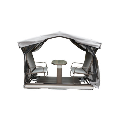 Balançoire de jardin à cadre en aluminium avec auvent et conception spacieuse - 4 chaises de table d'extérieur en verre trempé