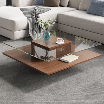 Table basse 31,50 "carrée avec plateau en verre trempé transparent et tablette de rangement