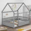 Lit en bois pleine grandeur avec cadre de toit de maison, barrières de sécurité, gris-667104697-667104702