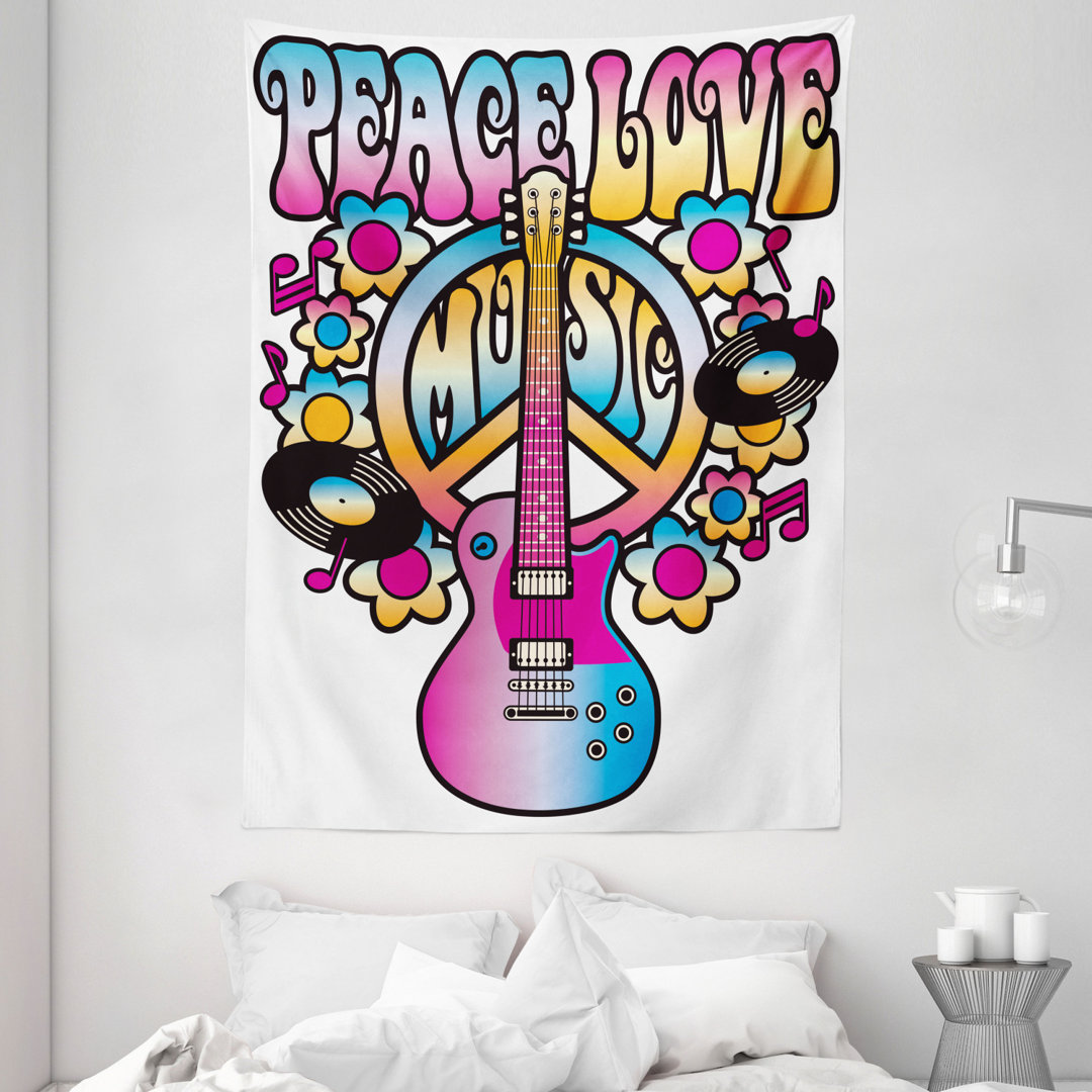 Wandbehang Frieden Liebe Musik Text Gitarre Schallplatten Blumen Musiknoten Illustration