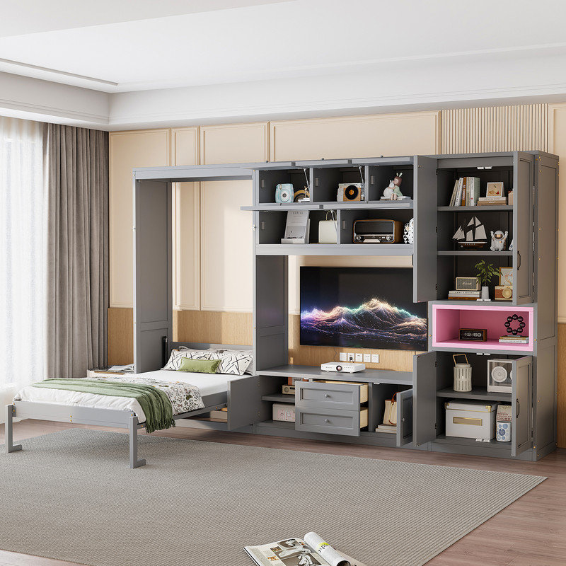 Lit escamotable simple avec tiroir de rangement et armoires, gris
