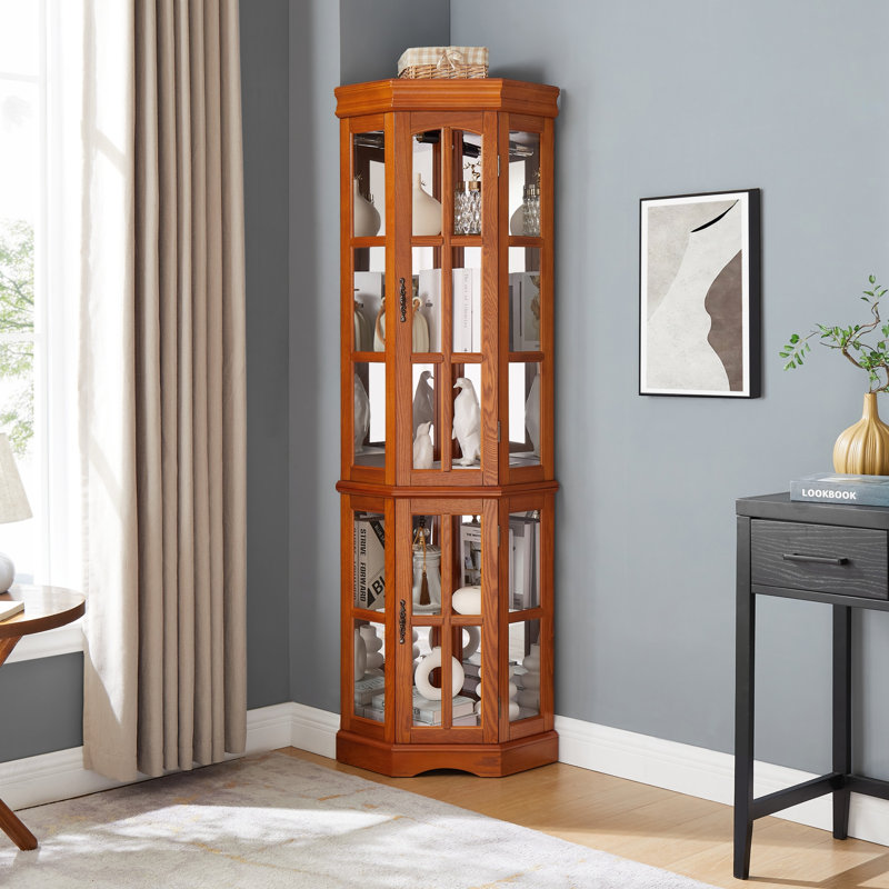 Vitrine d'angle avec 5 tablettes et système d'éclairage, chêne (ampoule E26 non incluse), Chêne