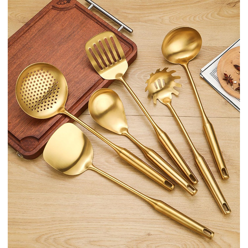 Ensemble d'ustensiles de cuisine 7 pièces en acier inoxydable avec support rotatif - Outils de cuisine dorés de qualité professionnelle comprenant une spatule, une louche, une desserte à pâtes et des accessoires essentiels