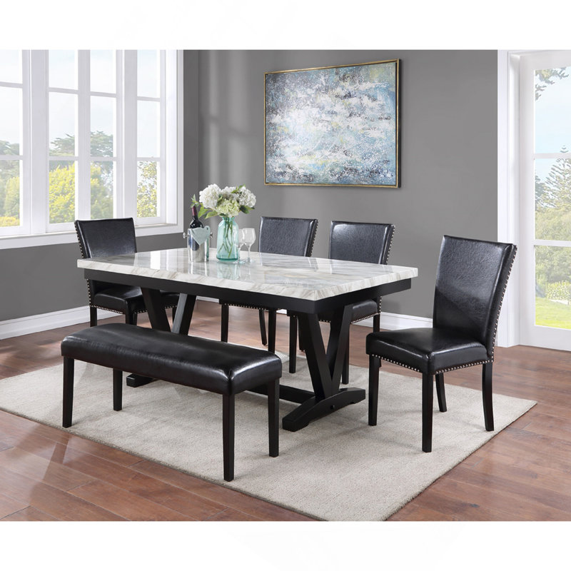 Table de salle à manger moderne moderne en faux marbre et noir avec table en V et tréteaux