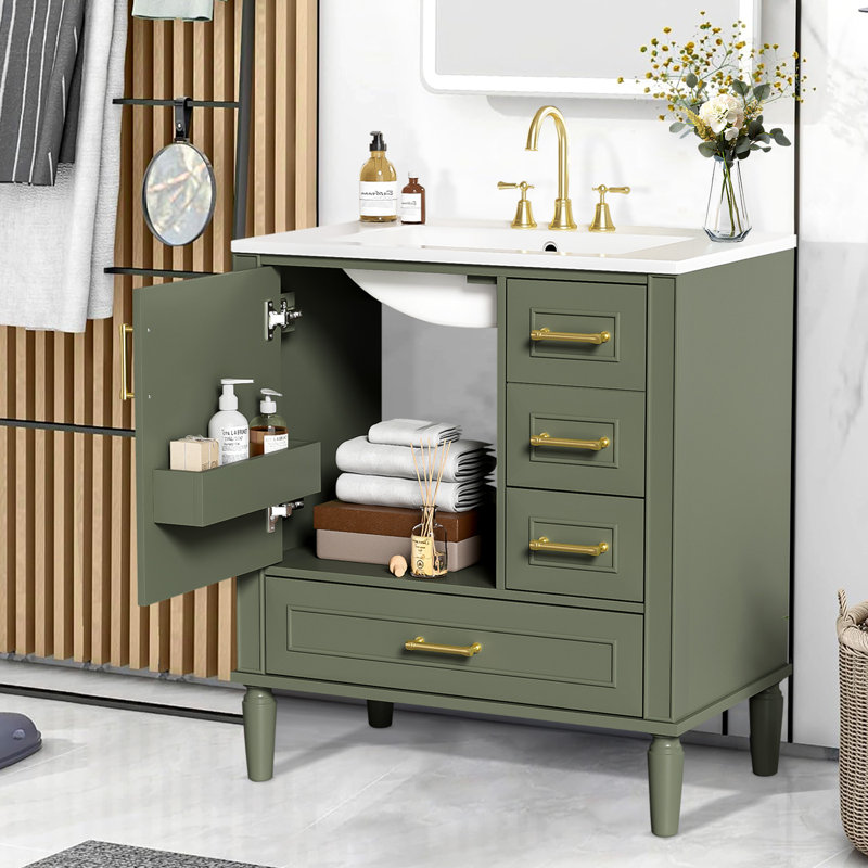 Meuble-lavabo moderne avec lavabo en céramique, Vert olive