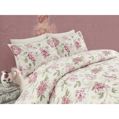 Premium Super King Quilt Cover Set (3 Pieces), Pink, Cream & Green | 65% Cotton / 35% Polyester, Duvet Cover: 102.4 x 86.6 in, Pillowcases: 23.6 x 23.6 in | Machine Washable, Soft & Stylish, Button Closure Design