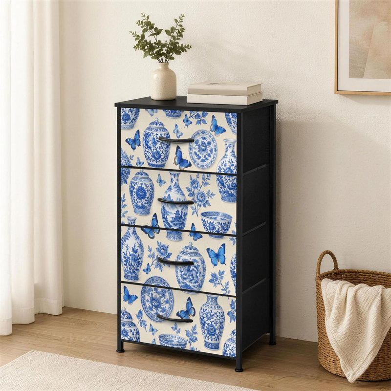 Commode à 4 tiroirs pour chambre à coucher Chinoiserie Bleu Blanc Porcelaine Papillons Petite commode à vêtements pour organisateurs de placard avec commode