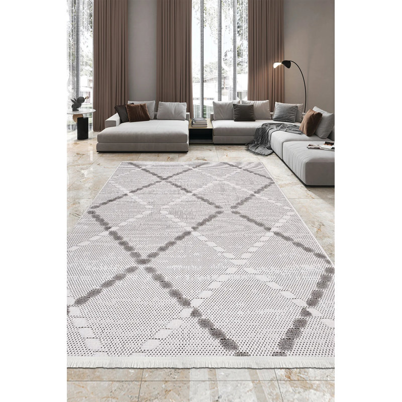 Tapis moderne en polyester gris Riko résistant aux taches Facile à nettoyer, 6,5 pi x 9,5 pi