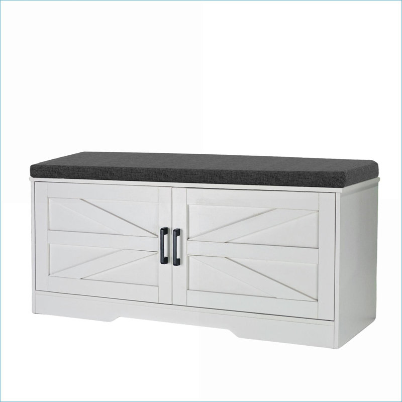 FlowLuxe 2-Tier Farmhouse Storage Shoe Bench, Padded Seat with Barn Doors, Adjustable Shelves, Pearl White for Entryway Bedroom Living Room