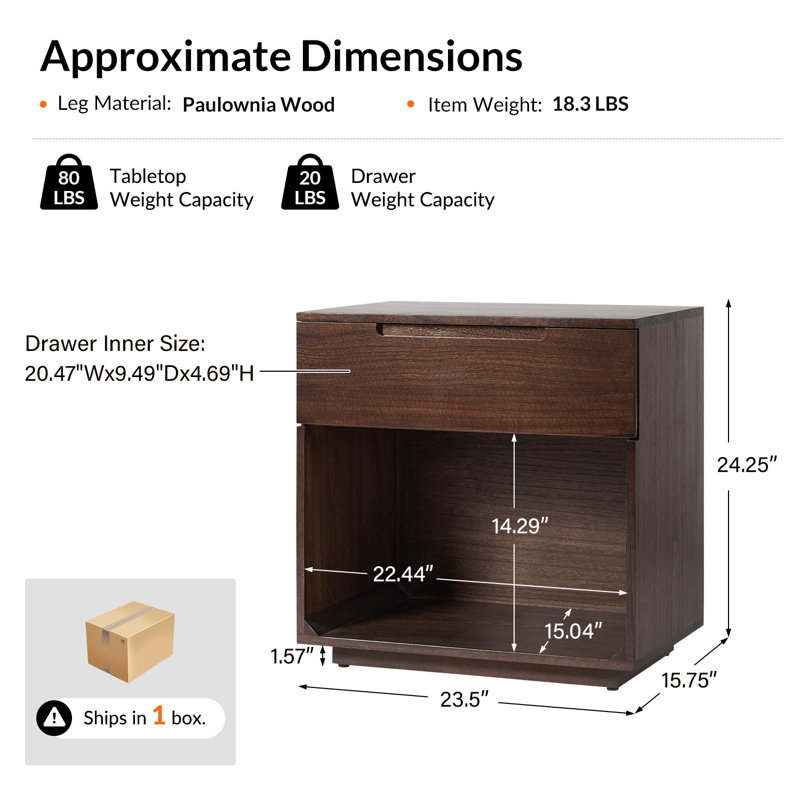 Wallburg Modern 1-Drawer Solid Wood End Table Fully Assembled and Built-In Outlet, Walnut