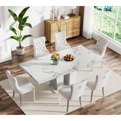 62.99" -78.74" Extendable Dining Table Set, White Dining Room Table & Velvet Dining Chairs with Stainless Leg, Rustic Kitchen Dining Table and Chairs Set, Modern Dining Table Set
