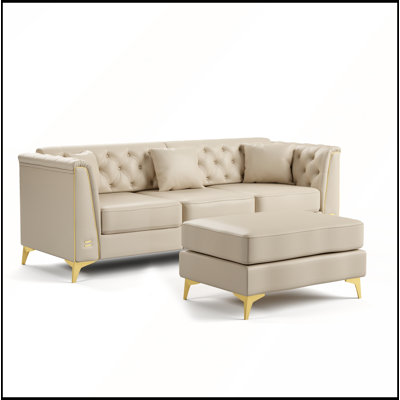 Faux Leather Couch with Handmade Button Tufted, Metal Trim Armrests & Thin Metal Legs, Includes 3 Pillows for Living Room, Apartment