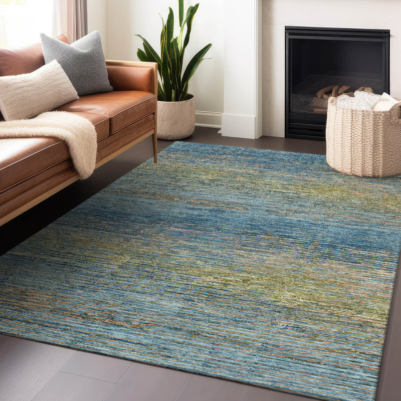 Denim Blue Synthetic Flat Woven Washable Striped Rug 46" x 30"