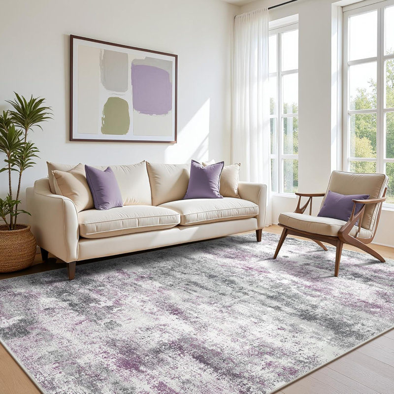 Tapis 8 x 10 pour la chambre à coucher du salon, tapis moderne lavable à la machine, grand tapis doux à poils courts avec envers antidérapant pour la salle à manger, gris / mauve
