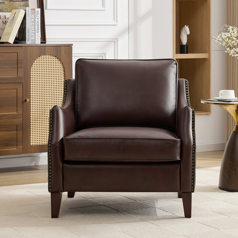 33.4" W Genuine Leather Upholstered Accent Armchair, Red Brown