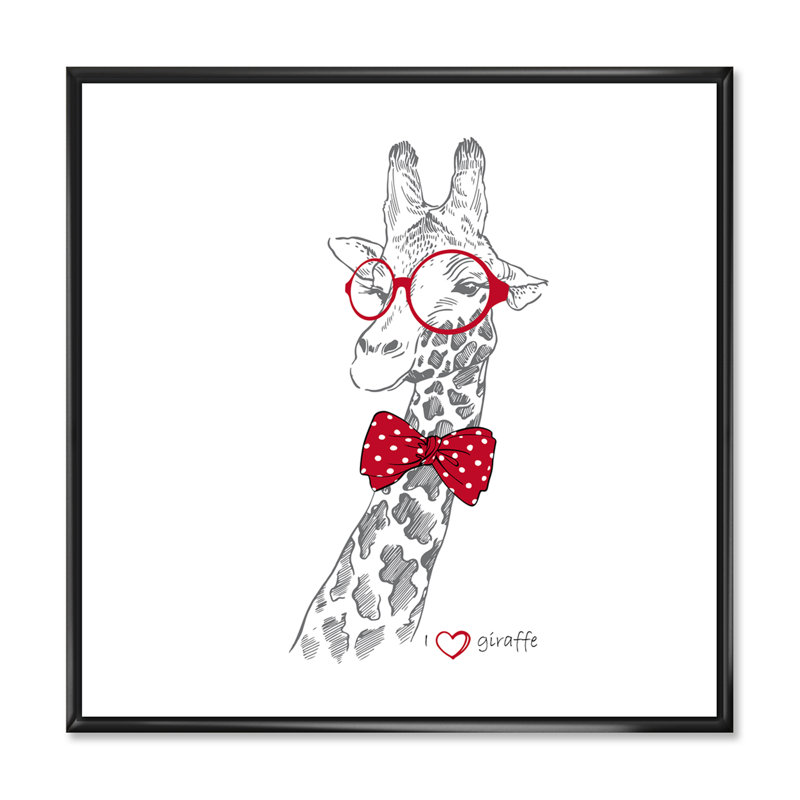 Girafe dans des verres ronds rouges - reproduction d'art sur toile peinte à la main, H 30 po x l 30 po, Cadre flottant noir