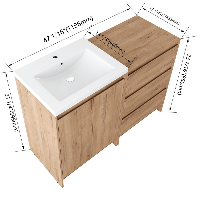 Meuble-lavabo autoportant simple 48 po avec lavabo en résine, meuble-lavabo autoportant avec 2 portes, 3 tiroirs, 1 tablette réglable