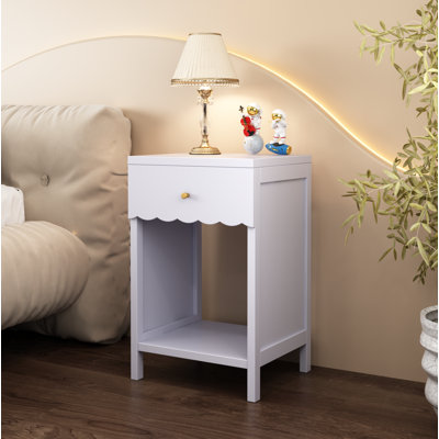 Table de chevet moderne avec tiroir et tablette ouverte, table de chevet à bord festonné pour la chambre à coucher, jolie table d'appoint minimaliste pour chambre d'enfant ou de fille, mauve clair
