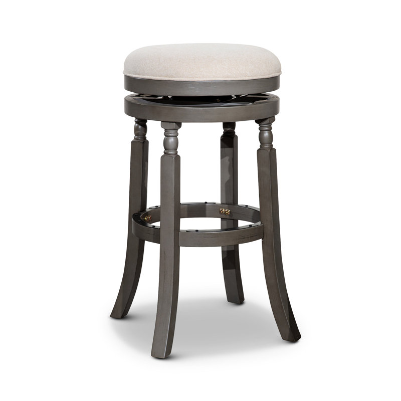 Tabouret de bar gris vieilli de 30 po avec siège en tissu lisse beige - confortable ou à utiliser sur un comptoir en bois franc massif pivotant sur 360 degrés, conçu pour durer à 360 degrés