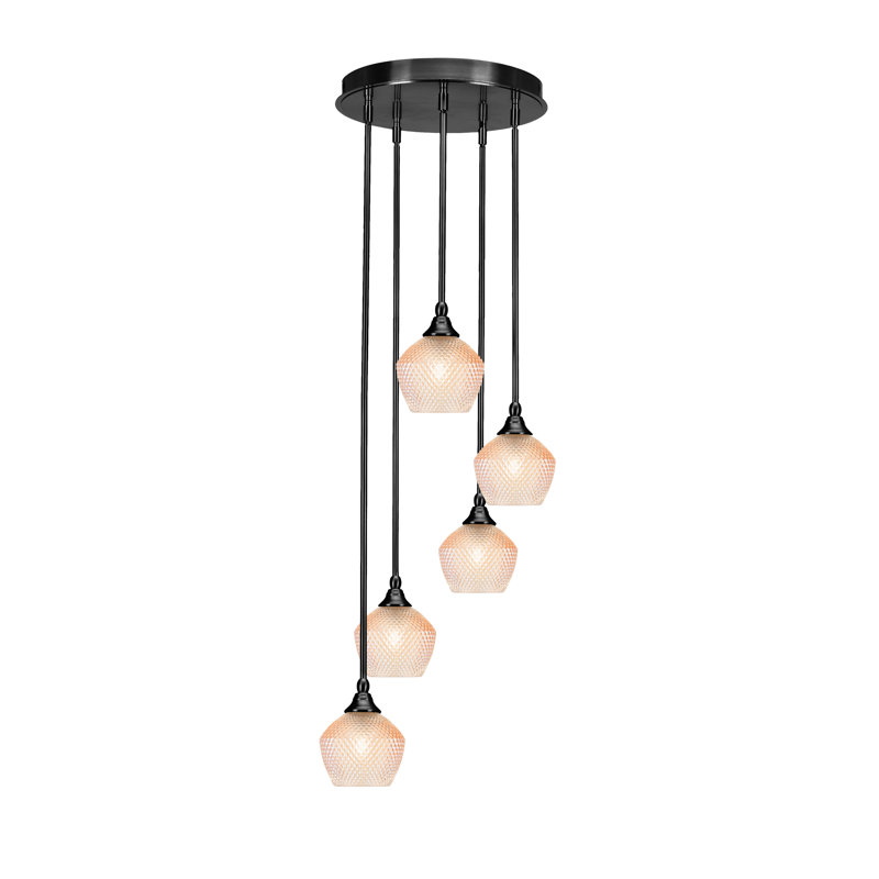 Luminaire suspendu suspendu en grappe 5 lumières Empire au fini noir mat avec verre texturé ambre de 6 po, Matte Black