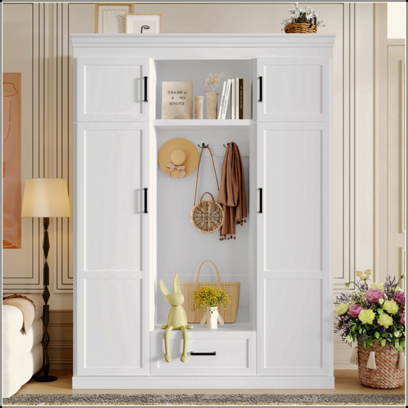 85.2''H Multifunctional Hall Tree – Bench, 3 Hooks, 4-Door Cabinet, 1 Drawer & Adjustable Shelves, Modern Entryway Storage Organizer for Entryway/Hallway/Living Room