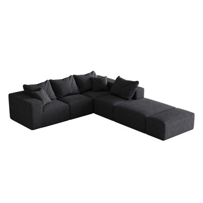 Modern Upholstered Sectional Boneless , 132" L Shaped Modular Couch With 6 Pillows For Living Room And Bedroom, Soft Foam Filler, Black Chenille, Seats, No Assembly Required