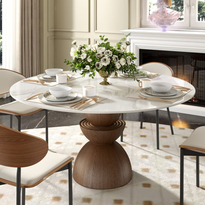Modern Round Dining Table With Solid Wood Pedestal Base & Sintered Stone Tabletop For Seat 2-6