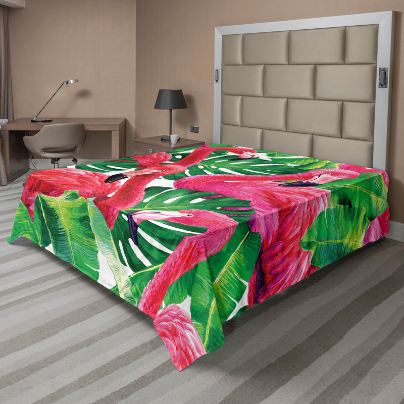Drap de dessus Ambesonne flamant rose rétro feuilles exotiques rose vert, Drap plat de taille double