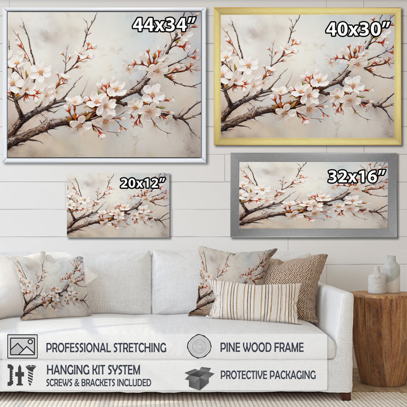 Minimalisme beige cerisier en fleurs II - impressions sur toile de cerisier en fleurs, Cadre photo doré simple