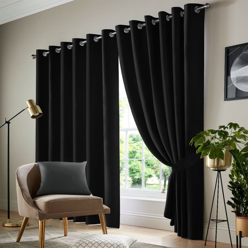 100 % Polyester Blackout Eyelet Room Darkening  Thermal Curtain (Set of 2), Black, 168 cm Width x 183 cm Drop