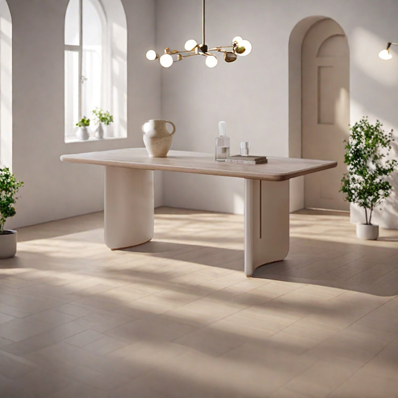 Table de salle à manger en pierre frittée avec pieds en bois courbés, H 29,5 po x L 62,9 po x l 31,4 po, Bois brun