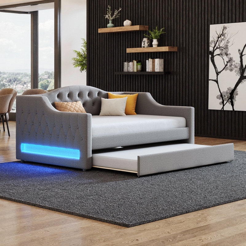 Lit de jour double rembourré avec lumières DEL, rangement gigogne et structure en bois - gris, Double XL, Gris