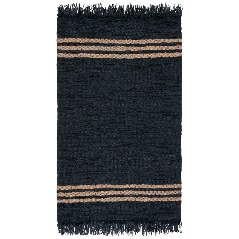 Tapis rayé en cuir / coton Lae Vintage, Rectangulaire 3 pi x 5 pi